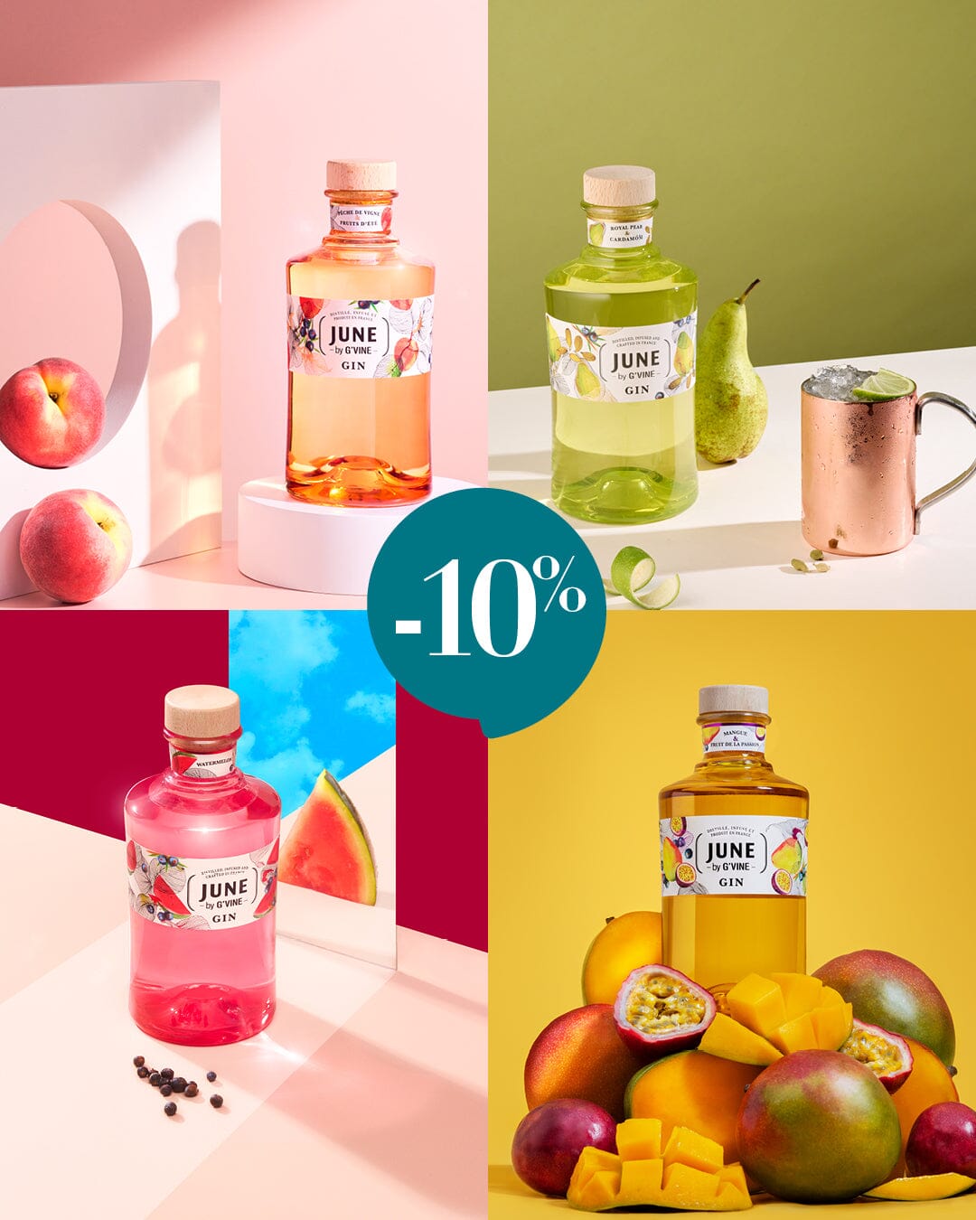 Offre June Pêche, Poire, Pastèque, Mangue Passion à -10% Gin Maison Villevert